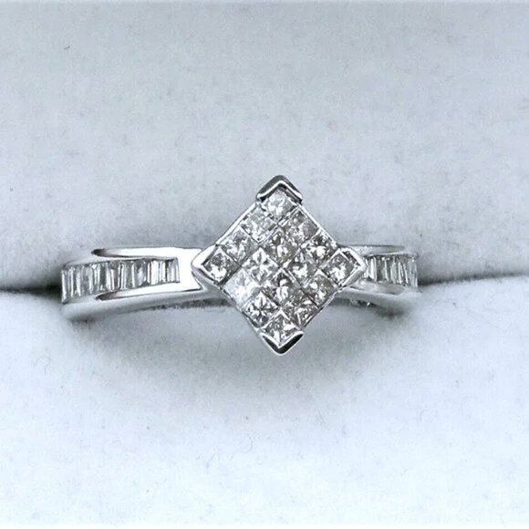 14K White Gold Princess Cut Baguette Diamond Invisible Setting Engagement Ring P